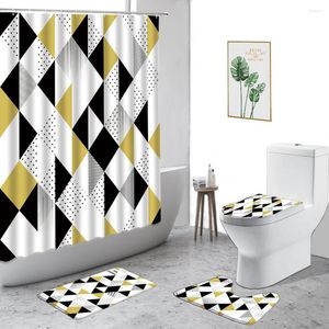 Cortinas de chuveiro preto amarelo amarelo branco geométrico de estilo étnico decoração de decoração de banheiro conjunto de banheiro não deslizamento tapete tampa do banheiro tapete