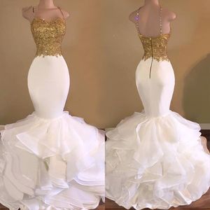 Nowe białe sukienki na studniówkę syrenę spaghetti paski koronkowe z koralikami bez pleców przyjęcie maxys długa suknia balowa sukienki wieczorowe szat de soiree 255e
