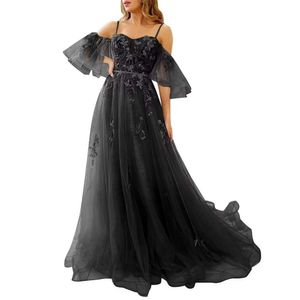 Off Shoulder Tulle prom för tonåringar spetsar applikationer klänningar en linje formell kvällsfest klänning prom amz