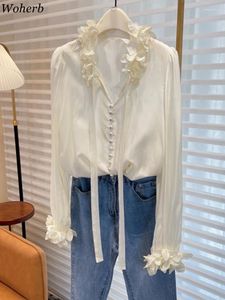 Bluzki damskie Koreańskie temperament Button Kobiety Koszule V Długie rękaw Lose topy Vintage Fashion Solid Bluzka 2024 Camisas de Mujer