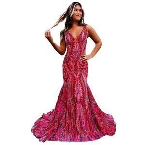 Deep V Neck Sequin Prom Mermaid Formal Gown Women Backless Evening Dress for Party prom AMZ