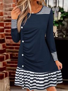 Casual Dresses Striped Button Long Sleeve Mini Dress 2024 Autumn Elegant Sexy Fashion Ladies Round Neck Large Swing Vacation Skirt