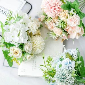 Decorative Flowers 7 Heads Real Touch Silk Hydrangeas DIY Craft Bridal Bouquet Fake Rose Peony Artificial Wedding Decoration
