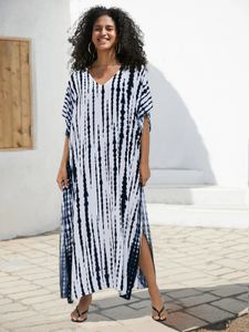 Lässige gebundene Kaftan Robe gestreift gedruckt V Hals Batwing Ärmel