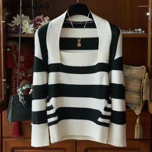 Women's Sweaters Matakawa Striped Autumn Winter Clothes Women Square Neck Vintage Pull Femme Korean Fashion Contrast Color Pullovers