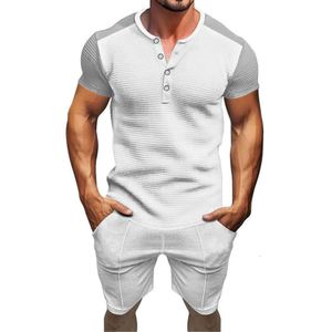 2024 Summer Fashion Light Mature Casual Color Block T-Shirt Men's V-Neck Single Breasted Short Sleeved Shorts Set M514 45
