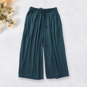 Women's Pants Mid-rise Elastic Waistband Drawstring Cropped Straight Wide Leg Solid Color Women Summer Casual Mid-calf Pajama Home