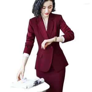 Duas peças Vestido de vinhos femininos formais femininos com saia e jaquetas Coat de mulheres escritórios profissionais Blazers outono inverno ol