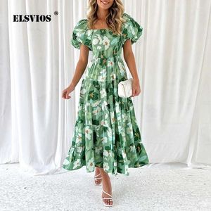 Party Dresses Spring Summer Puff Sleeves Elastic midjeklänning för kvinnor Sexig off-shoulder modetryck franska pendling