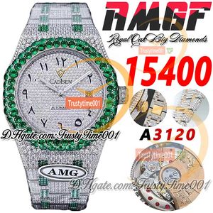 AMG 15400 A3120 Automatisk herrklocka Green Big Diamond Bezel Paved Diamonds Dial Arabiska markörer Två tonarmband Super Edition TrustyTime001 Iced Out Full Wates