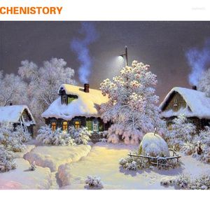 Målningar Chenistory Frameless Snow House Diy Målning efter siffror Landskap Väggkonst Bild Handmålad olja för heminredning Konst