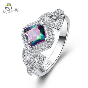 Toca de cluster arco -íris rosa Rhombus turmalina zircão cúbico 925 anel de prata esterlina feminino jóias de casamento bijoux femme