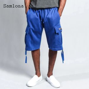 Herren Cargo Shorts sexy halbe Hosen Blau weiße Patchwork Schnürung Tasche Männliche Jogginghose Sommer Mode Hip Hop Shorts 240513