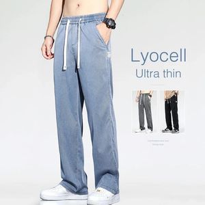 Summer Thin Loose Wideleg Men Dżinsy miękkie lyocell elastyczna moda swobodna prosta dżins