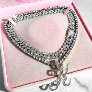 Tennis Iced Out Prong Cuban Chain Necklace Sparkling Crystal Curve Initial Tennis Chain Letter Pendant Necklace Birthday Jewelry d240514