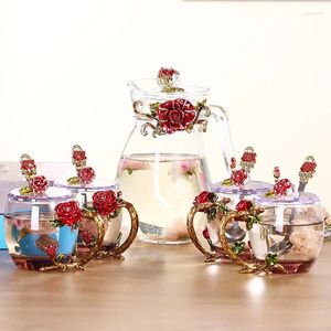 Teaware Sets KitchenCreative Enamel Color Water Cup Bottle Suit Roche Flower Tea Crystal Heat Resistant Glass Coffee Couple