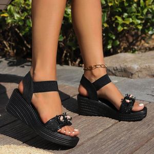 Sandals Wedge Heel Solid Color 3d Floral Decoration Broadband Slippers Elastic Strap Fish Mouth Peep Toe Summer Shoes