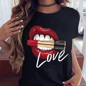 Mulheres tops o-pescoço sexy preto tees beijo lábio engraçado verão feminina mole de camisetas de lábios com a camisa gráfica de aquarela top9180 240514