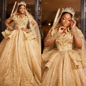 Leichtes goldenes Ballkleid Hochzeitskleid für schwarze Frauen ASO EBI Langarmes Brautkleider Illusion Perlen Robe de Mariage Plus Größe Afrikanische Brautkleider