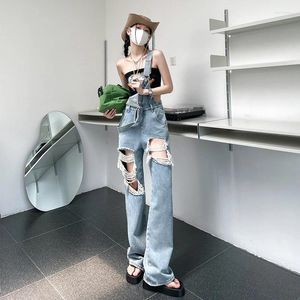 Women's Jeans Europe And The United States High Street Hiphop Ripped Suspenders Women 2024 Summer Loose Show Thin Wide Leg Trousers