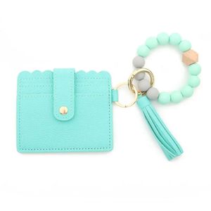 Colors PU Stock Fashion 13 In Leather Bracelet Wallet Keychain Tassels Bangle Key Ring Holder Card Bag Silicone Beaded Wristlet Handbag ID Purse Credit Pocket