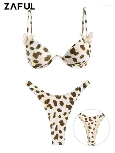 Women's Swimwear ZAFUL Animal Leopard Print Spaghetti Strap Butterfly Underwire Push Up High Leg Thong Bikini Set Two Piece Sexy