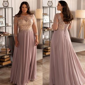 Charming Beaded Lace Plus Size Prom Dresses Sheer Bateau Neck A Line Long Sleeves Evening Gowns Floor Length Chiffon Formal Dress 2402