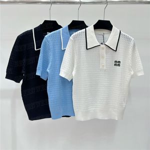 Ihålig stickad t -skjorta tees kvinnor stickade tröja jacquard bokstav pullover lapel korta hylsa toppar