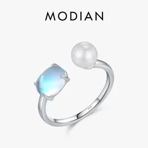 Cluster Rings MODIAN 925 Sterling Silver Open Size Oval Moonstone Finger Ring Adjustable Pearl For Women Fine Jewelry