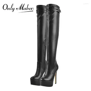 Boots Onlymaker Women Platform Over the Knee Matte Black Round Toe Buckles Stiletto High Heel Zipper Concisewinter