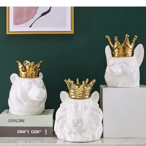 Garrafas lobo/urso animais de armazenamento de cerâmica com tampa decoração de mesa dourada coroa de porcelana branca de porcelana panelas nórdicas decoração moderna moderna