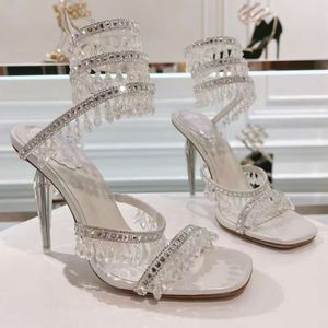 Rene Crystal Caovilla High Heel Sandals Fashion Snake Rappedankle Dress 2024 New White Wedding Shoes Designer Shoes Comfort