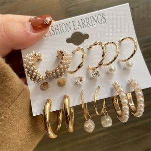 New Vintage Gold Pearl Twist Hoop Earrings Set Mix Butterfly Geometric Dangle Earrings for Women Metal Hollow Earring Retro Jewelry
