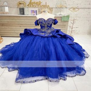 Ciemnoniebieskie sukienki Quinceanera Satynowe koraliki cekinowe Sweetheart Cap Rękaw długie formalne imprezowe suknie balowe vestidos de 15 a OS 275R