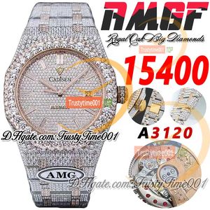 AMG 15400 A3120 Automatisk herrklocka Big Diamond Bezel 18K Rose Gold Paled Diamonds Dial Baguette Markers Steel Armband Super TrustyTime001 Iced Out Full Wates