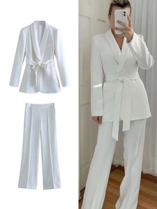 ZBZA Womens Fashion Suit Retro LongSleeved VNeck Belt Blazer HighWaisted WideLegged Pants Elegant Office Suit Set 240514