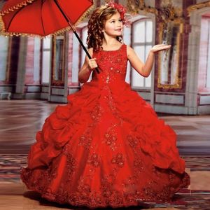 2020 Lovely Red Girls Pageant Dresses for Teens Princess Ball Gown Sparkly Beads Lace Embroidery Kids Birthday Party Gowns 287C