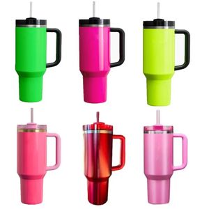 Ready To Ship 40oz Hot Pink Tumblers Cups Mugs With Handle Insulated Tumblers Lids Straw Stainless Steel Coffee Thermos Cups