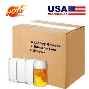 Us/Ca Warehouse 16Oz Libbey Can Glass Cup With Bamboo Lid And Straws Customized Beer Glasses For Iced Coffee Milk 0514