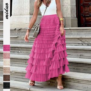 Новый французский длинный элегантный осенний темперамент, твердый цвет, юбка для сетки с высокой талией, пушистая половина юбки для женщин F51447