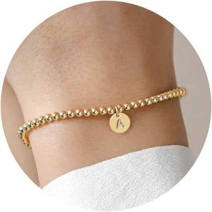 Turandoss Womens Gold Initial Armband - Utsökt 14K Gold Plated Letter A -Z Charm Disc Armband Womens Fashion Womens Gold Jewelry Beded Armband Gift