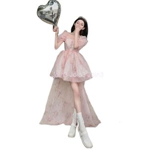 Womens short puff sleeve pink print flower gauze fabric high waist princess style ball gown dress