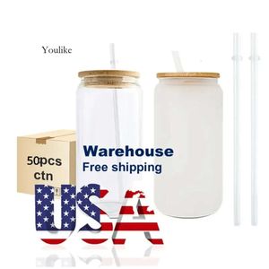 US CA Warehouse 16oz Mug Sublimation Dritta Sublimazione Glassata trasparente Cuccioli di vetro di caffè trasparente con coperchio di bambù e paglia JN06 0514