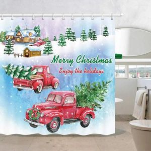 Duschgardiner lastbil bil med jul Xmas träd gardin röd retro i snö tall gran