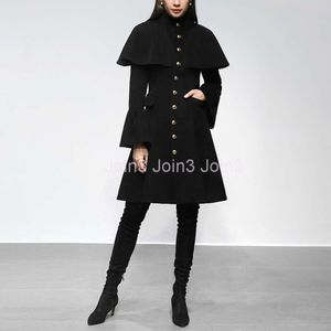 تصميم جديد للسيدات من طوق واحد منفردة اللون الأسود الأسود بونتشو كلوك على غرار زملاء طويل الأكمام
