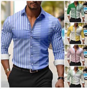 Camisas de vestido masculinas bloco colorido listrado masculino casual camisa estampada ao ar livre work diariamente desgaste de primavera e verão camisa de lapela longa y240514