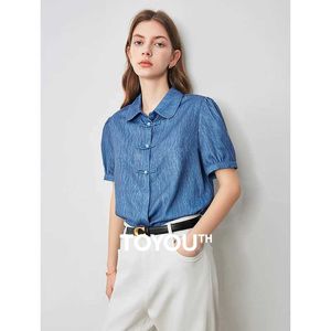 Bloups feminina camisa de brinquedo Women camisa 2024 Verão Novo estilo de boneca chinês Buff buff slve tops azuis elegantes y240510