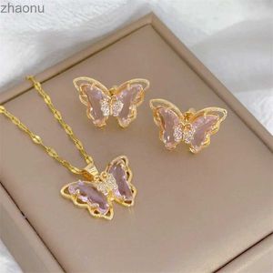 Earrings Necklace Fashionable European and American cute micro inlaid butterfly necklace earring set classic light luxury transparent stainless steel XW