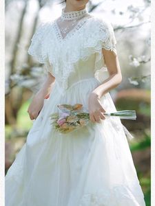 Sukienki imprezowe Wysokiej jakości białe sukienki w stylu vintage kobiety szyfonowe koronkowe marszone moda wieczór vestido Summer francuska wróżka dla eleganckiej damy