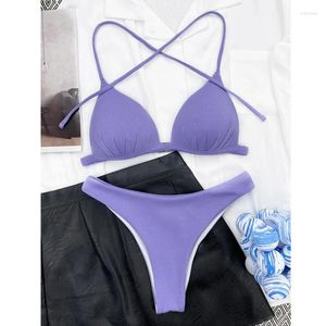 Kvinnors badkläder Kvinnor Thong Bikini Set Ribbed 2 Piece Swimsuit High Cut Cheeky Bathing Suit Backless Top Sexig brasiliansk botten